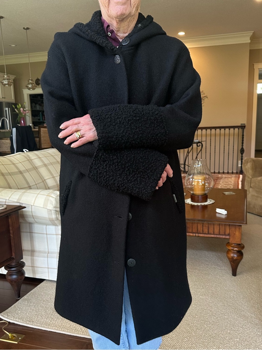 Black Women's Hooded Coat with Sherpa Trim